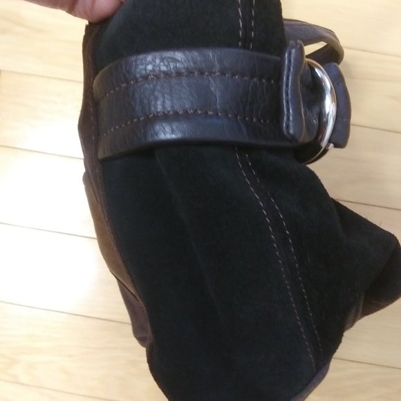 Tignanello Leather suede color block handbag   FLAWS  on Handles lots of wear - Picture 3 of 16